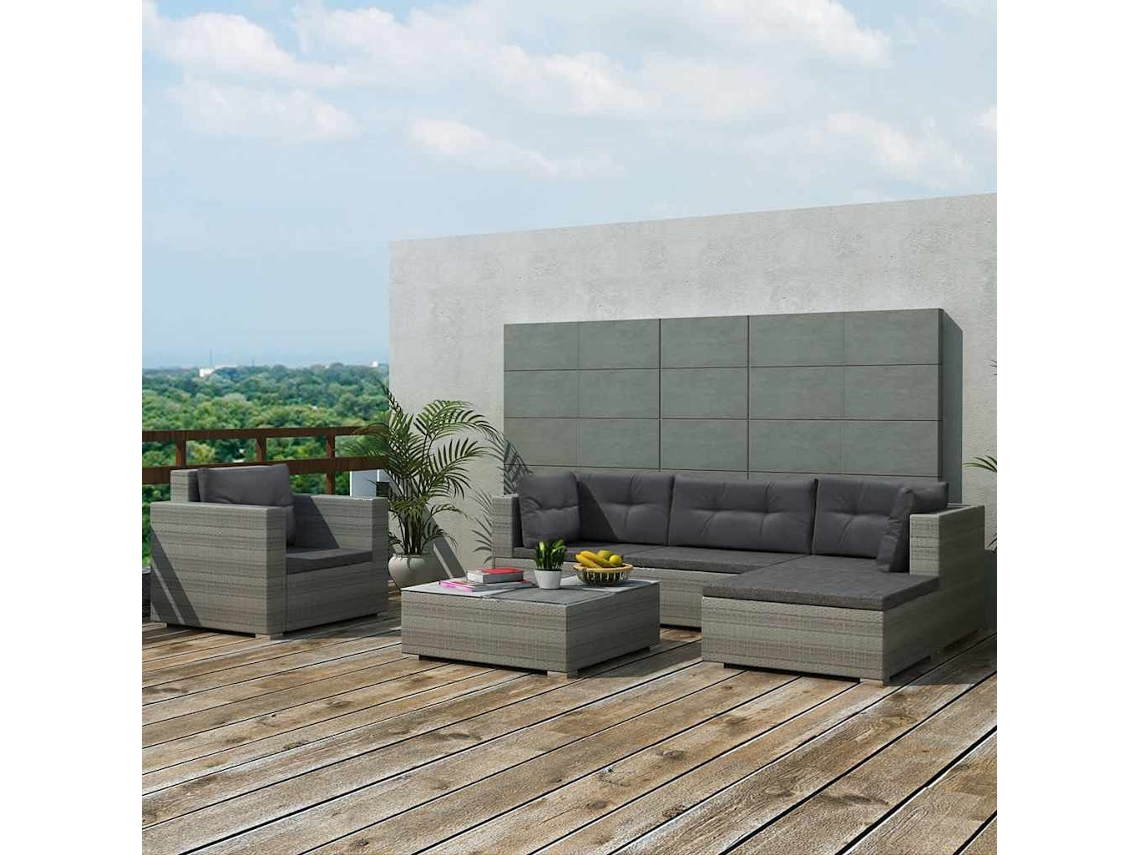 Vidaxl 6 Pcs Conjunto Lounge De Jardim C/ Almofadões Vime Pe Cinzento