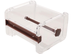 Dispensador de fita adesiva transparente e fácil de usar, com base em PS e ABS, design minimalista para mesa.