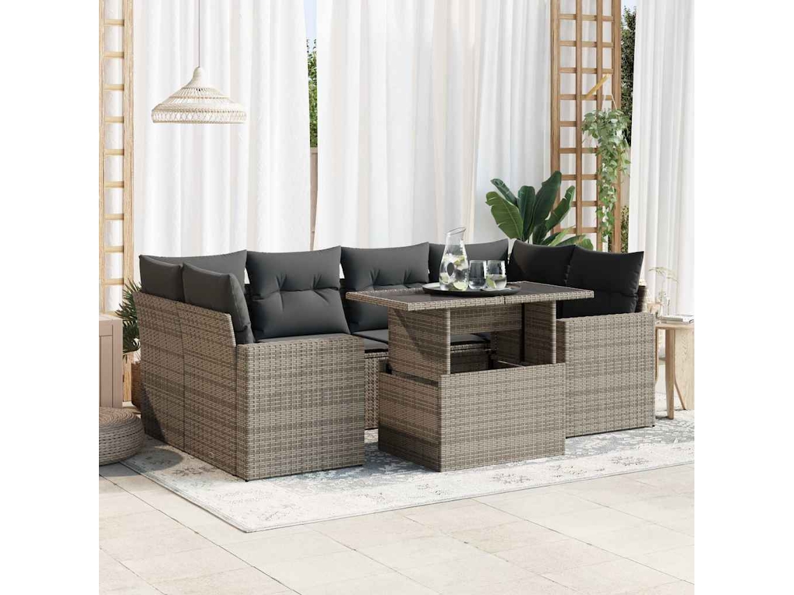 Vidaxl 7 Pcs Conjunto Sofás P/ Jardim C/ Almofadões Vime Pe Cinzento