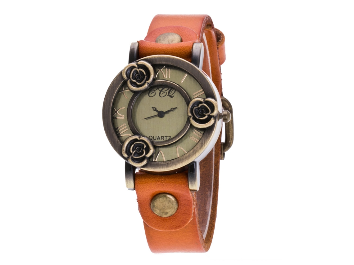 Relógio de Pulso Feminino Quartz com Números Romanos e Cinto Pu Laranja
