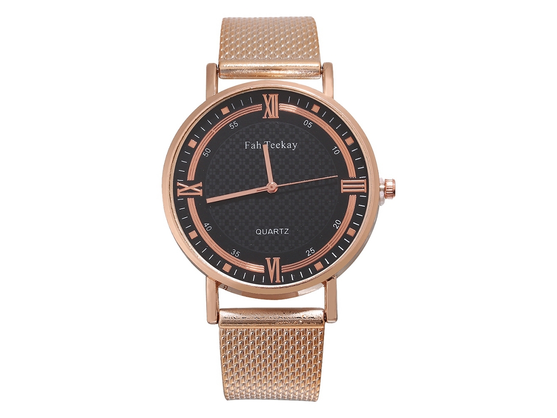 Relógio de pulso masculino de quartzo com pulseira de malha e mostrador redondo com numerais romanos, na cor dourada.