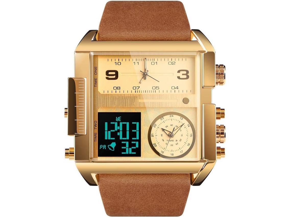 Lurelia Relógio Digital Masculino, Movimento De Quartzo, Analógico, Visor Digital, Led, Cronómetro, Alarme, Data/calendário, 12/24h, Couro, Dourado