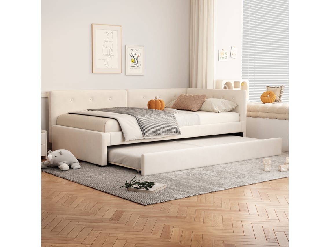Sofa Cama Daybett 90x200cm Bege Minimalista Com Cama Rolante