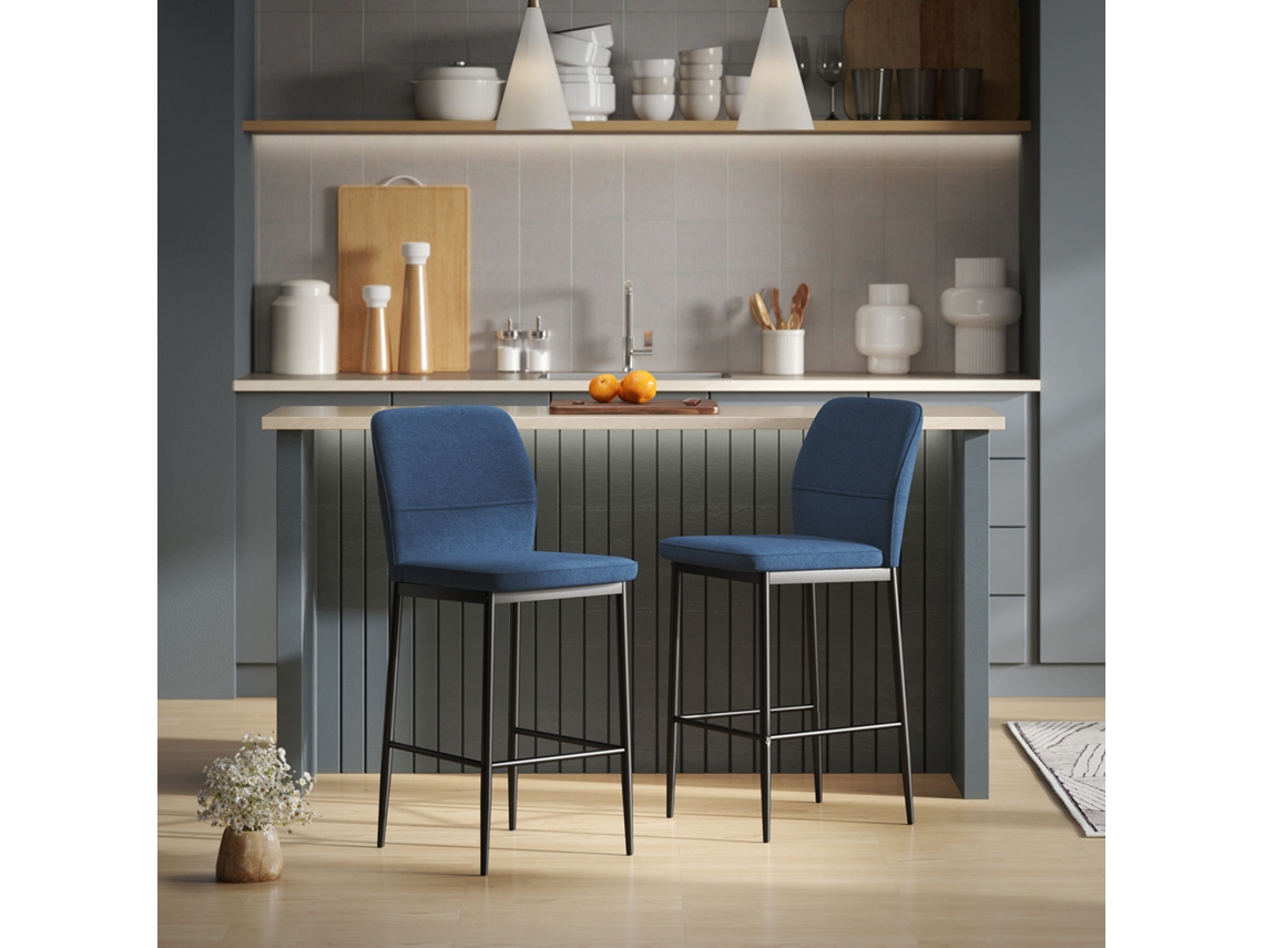 Conjunto De 2 Bancos Bar Assentos Altos Cozinha Com Encosto E Apoio Para Os Pés Estofados Em Veludo 41x52x97 Cm Azul