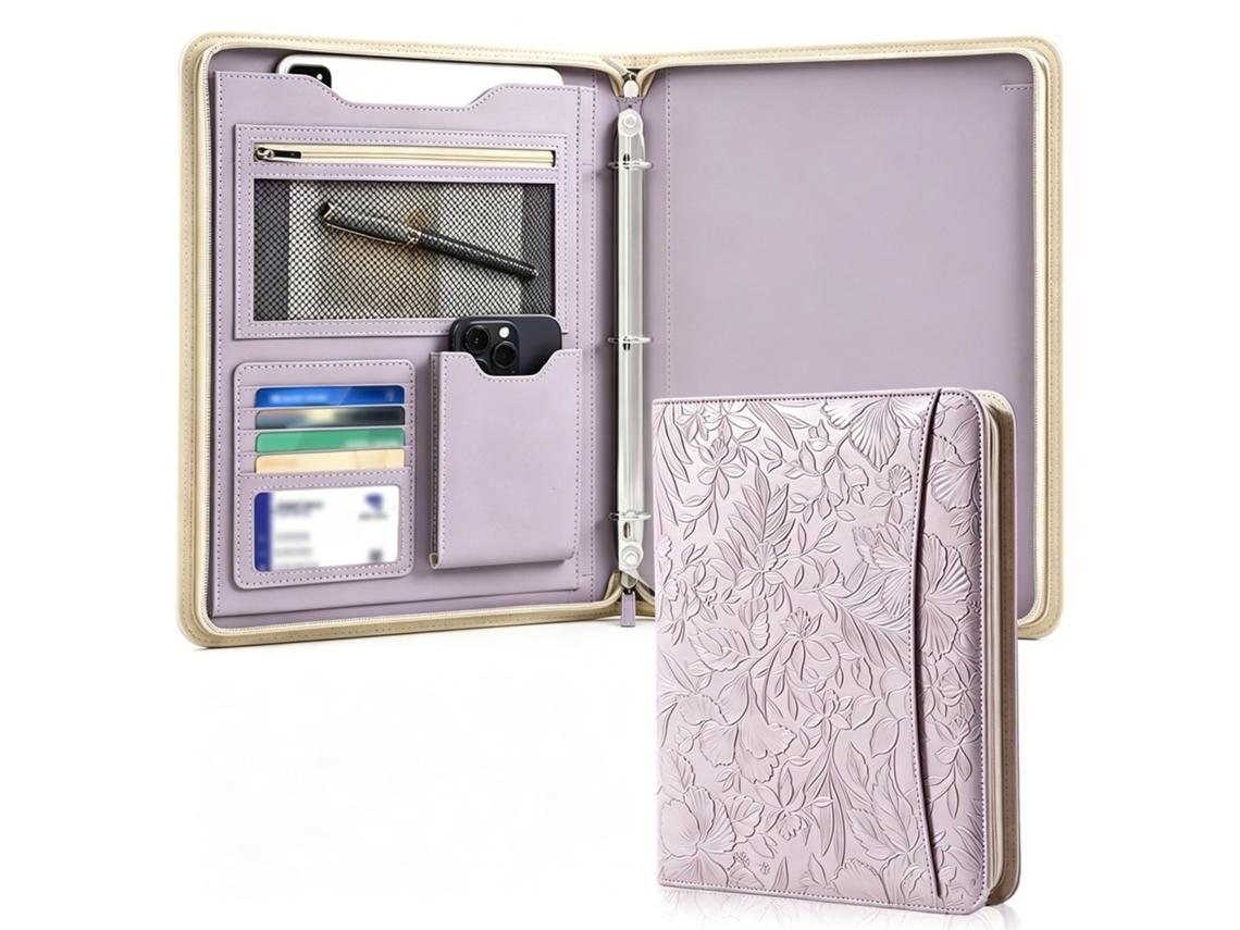 A4 Leather Zipper Binder Folder With Embossed Print 3-ring, Purple Cover For Business Contracts Documents