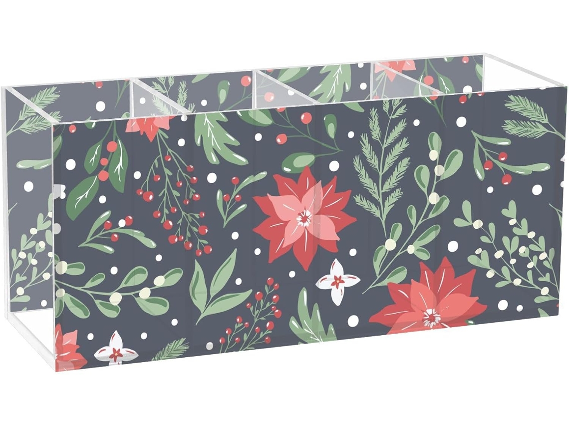 Organizador de lápis em acrílico Kll, com estampas de frutas vermelhas, visco e flores de Natal. Material ideal.