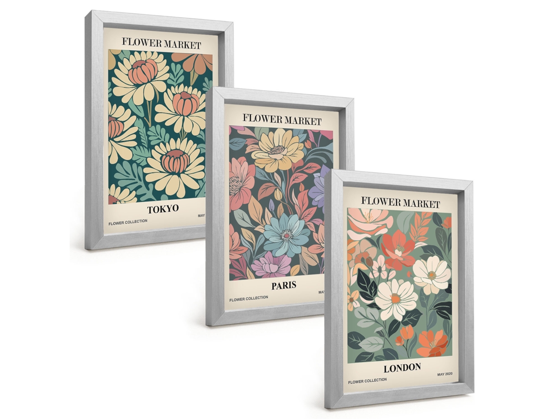 Quadros Decorativos Para Paredepôsteres Florais Tóquio Paris Londres Moldura Prateada Quadros Para O Escritório Espelharte (3 Peças 20x30 Cm)