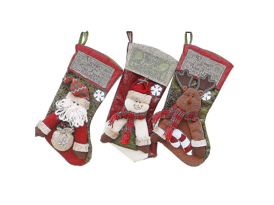3 Meias De Natal Com Papai Noel, Um Boneco De Neve, Uma Rena E Outros Personagens Natalinos Para Decorar Sua Temporada De Festas. Loja Olysi