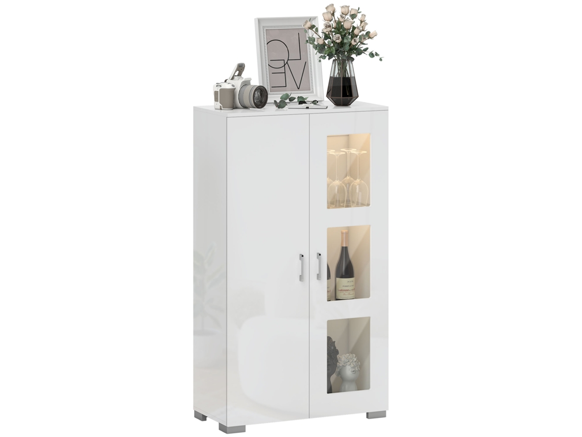 Aparador com Led Rgb de 16 Cores e Portas de Vidro, Prateleiras Ajustáveis, 71x35x126cm, Branco