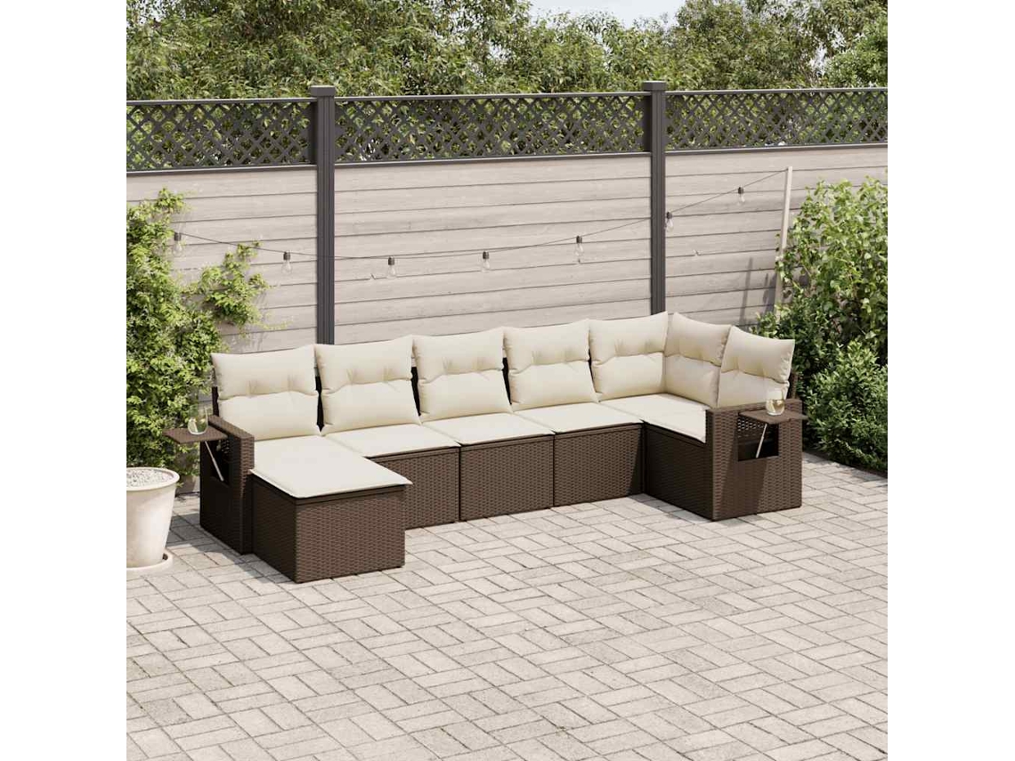 Vidaxl 7 Pcs Conjunto De Sofás Jardim C/ Almofadões Vime Pe Castanho