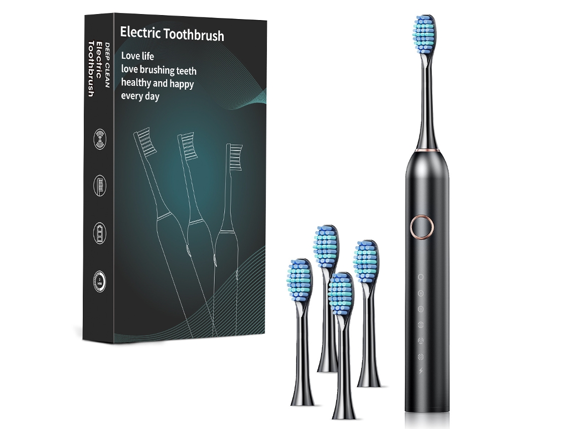 Escova de Dentes Elétrica com Vibração Sônica, 6 Modos, com 4 Cabeças.preto CZHHMART