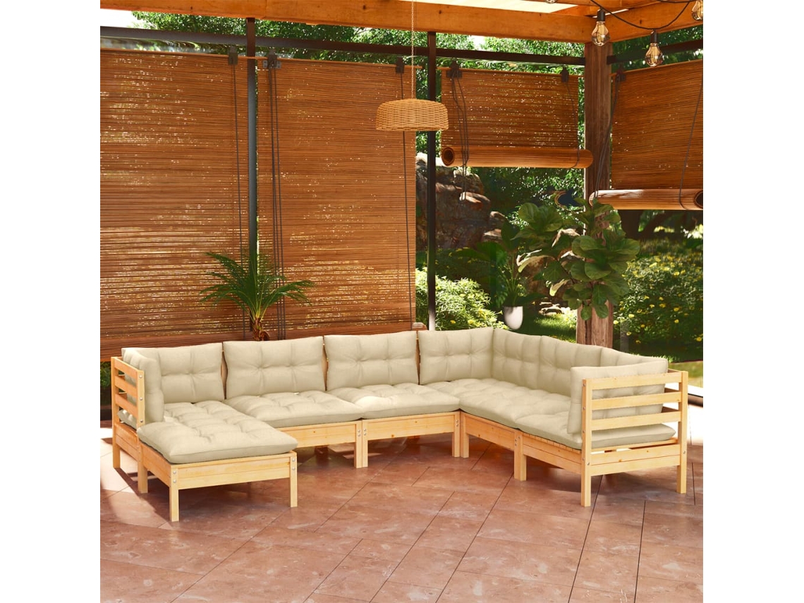 Vidaxl 7 Pcs Conjunto Lounge Jardim C/ Almofadões Creme Pinho Maciço