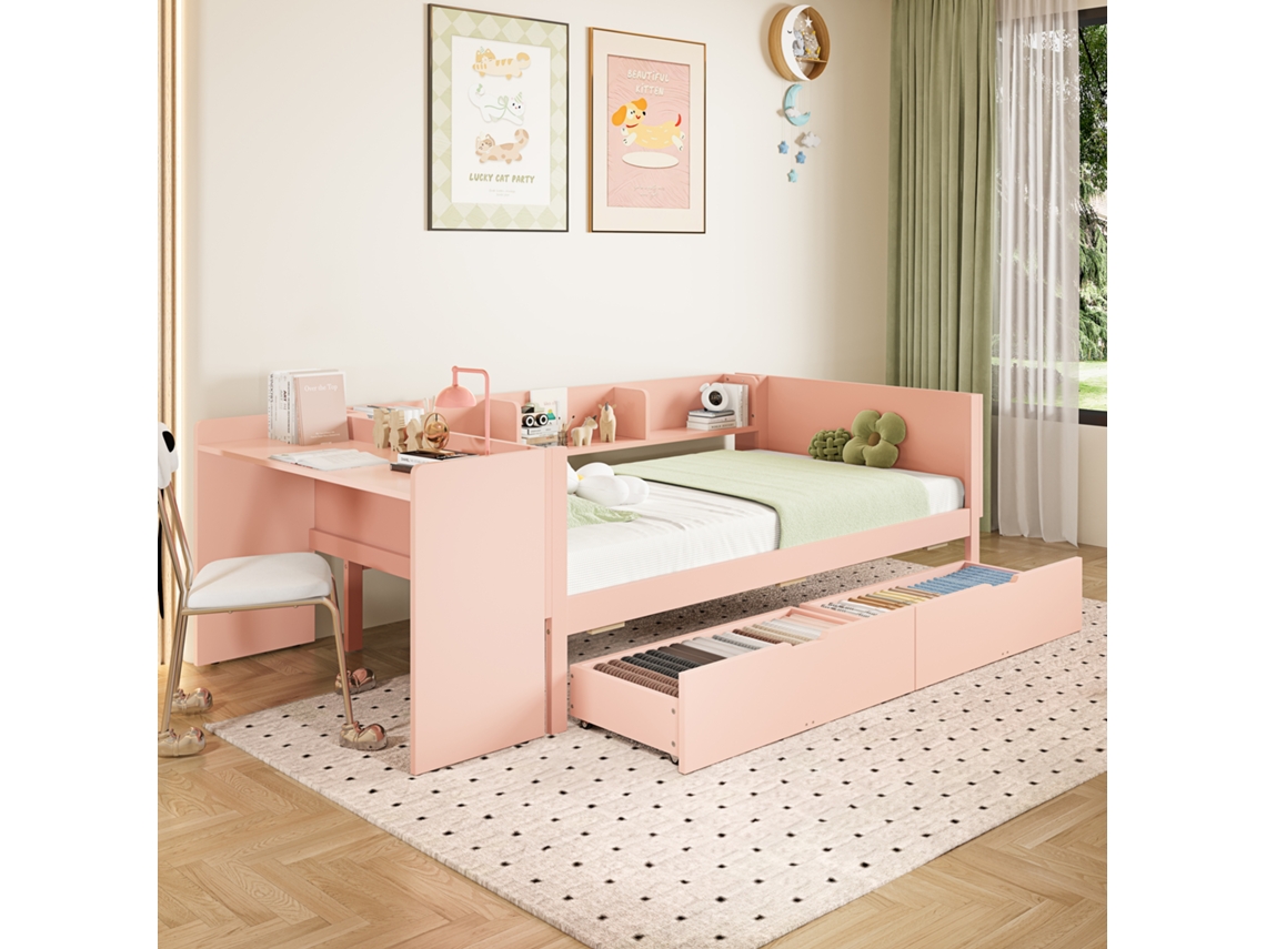 Cama Solteiro Madeira 90x200 Escrivaninha 2 Gavetas Prateleiras Rosa