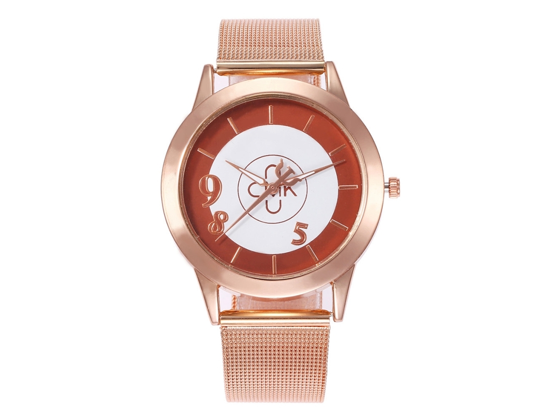 Relógio Feminino Cmk Quartzo com Pulseira de Malha Rosa Vermelha Padrão de Disco Circular Marrom