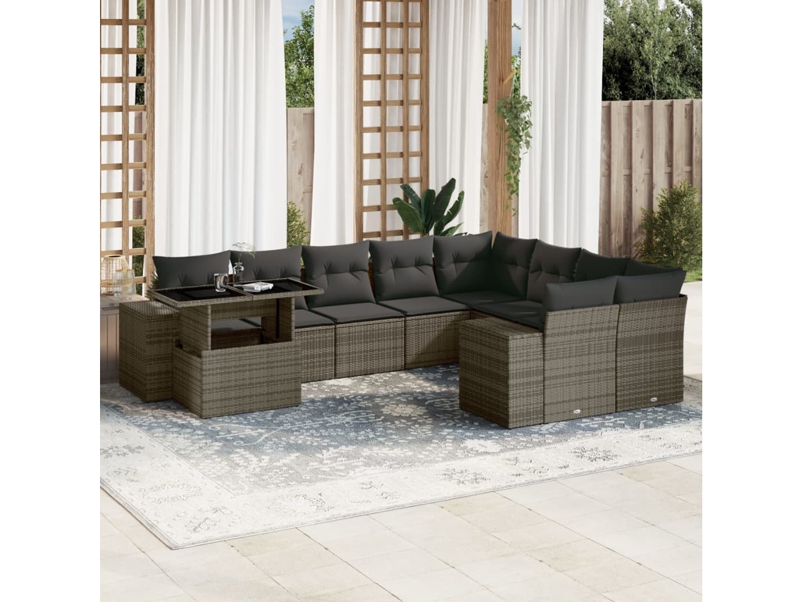 Vidaxl 10 Pcs Conjunto Sofás de Jardim C/ Almofadões Vime Pe Cinzento