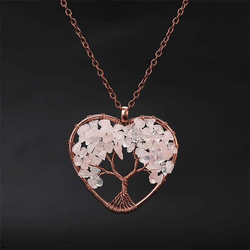 Colar Com Pingente De Coração De Cristal Rosa Para Cura Dos Chakras, Com A Árvore Da Vida.