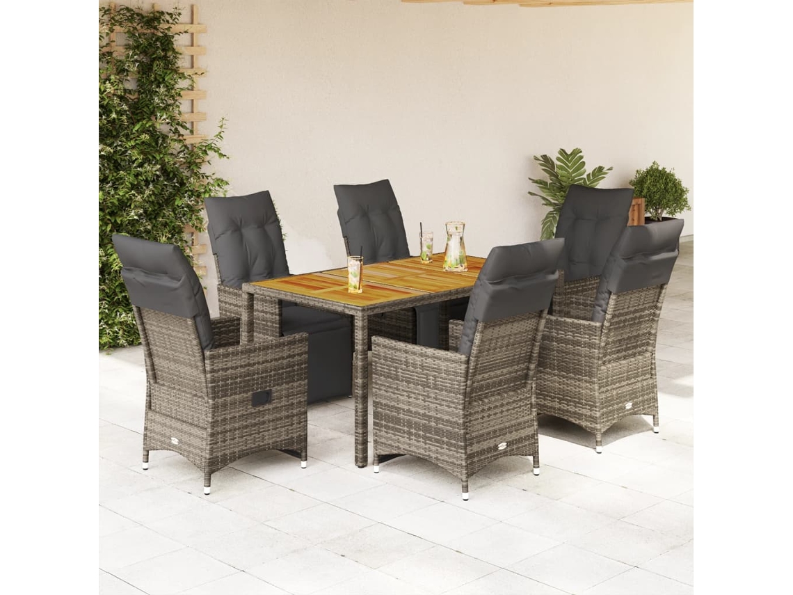 Vidaxl 7 Pcs Conjunto Bistrô De Jardim C/ Almofadões Vime Pe Cinza