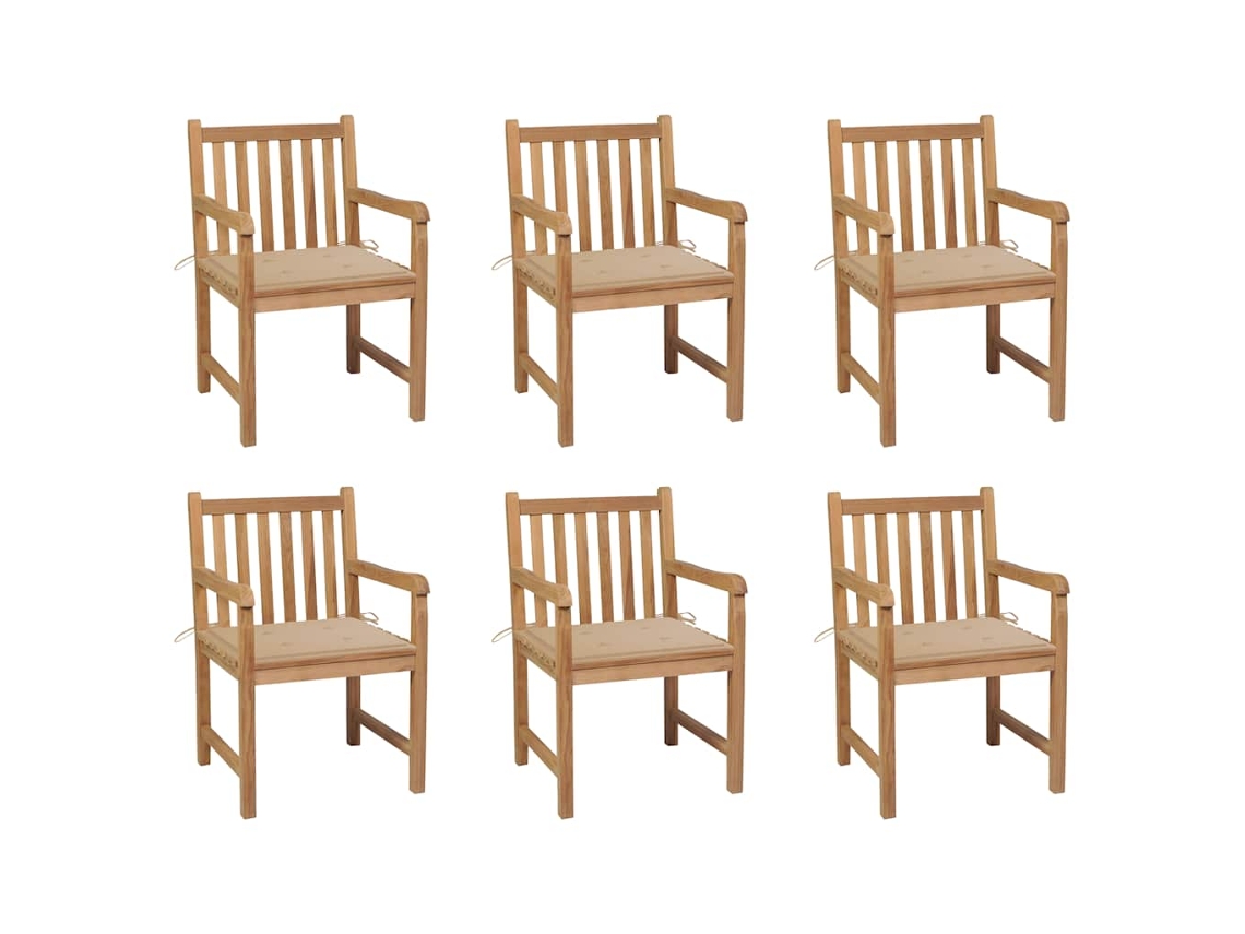 Cadeiras De Jardim C/ Almofadões Beges 6 Pcs Teca Maciça Dkd Home Decor