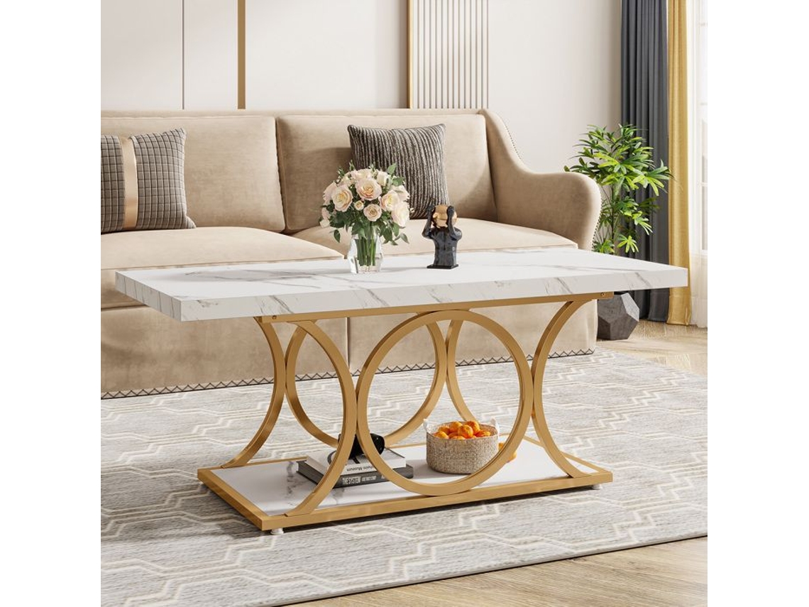 Mesa Baixa Retangular De 2 Níveis, Little Tree, Mesa De Sala Moderna Em Mármore Artificial Com Pés Geométricos, Branca E Dourada