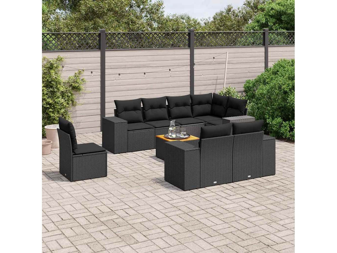 Vidaxl 9 Pcs Conjunto De Sofás P/ Jardim C/ Almofadões Vime Pe Preto