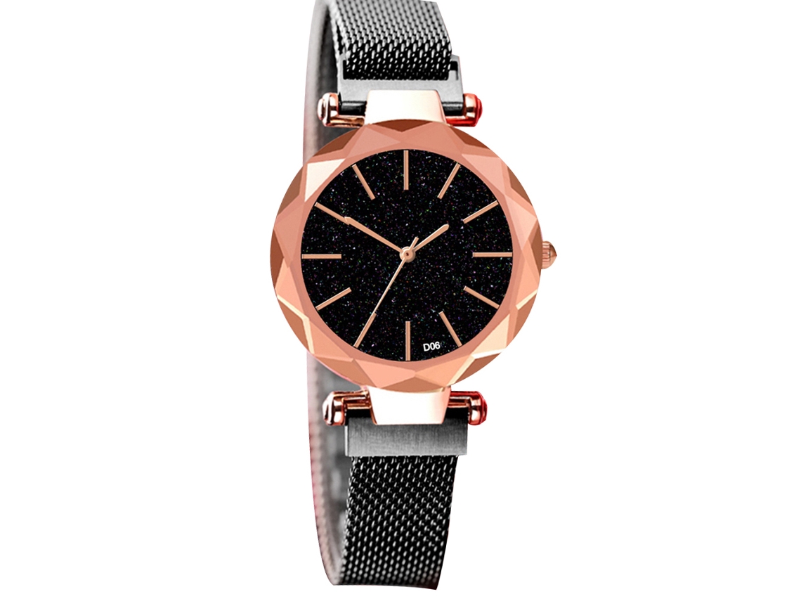 Relógio de quartzo feminino com mostrador estrelado e pulseira de aço, estilo casual e elegante, na cor preta.