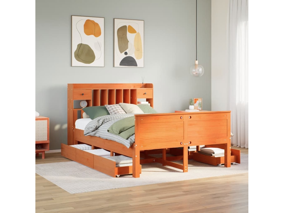 Vidaxl Cama Com Estante Sem Colchão 150x200 Cm Pinho Maciço