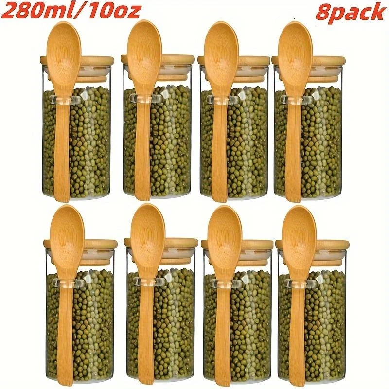 (10 Oz - 8 Unidades) Potes De Açúcar De Vidro Com Tampas De Bambu E Colheres.