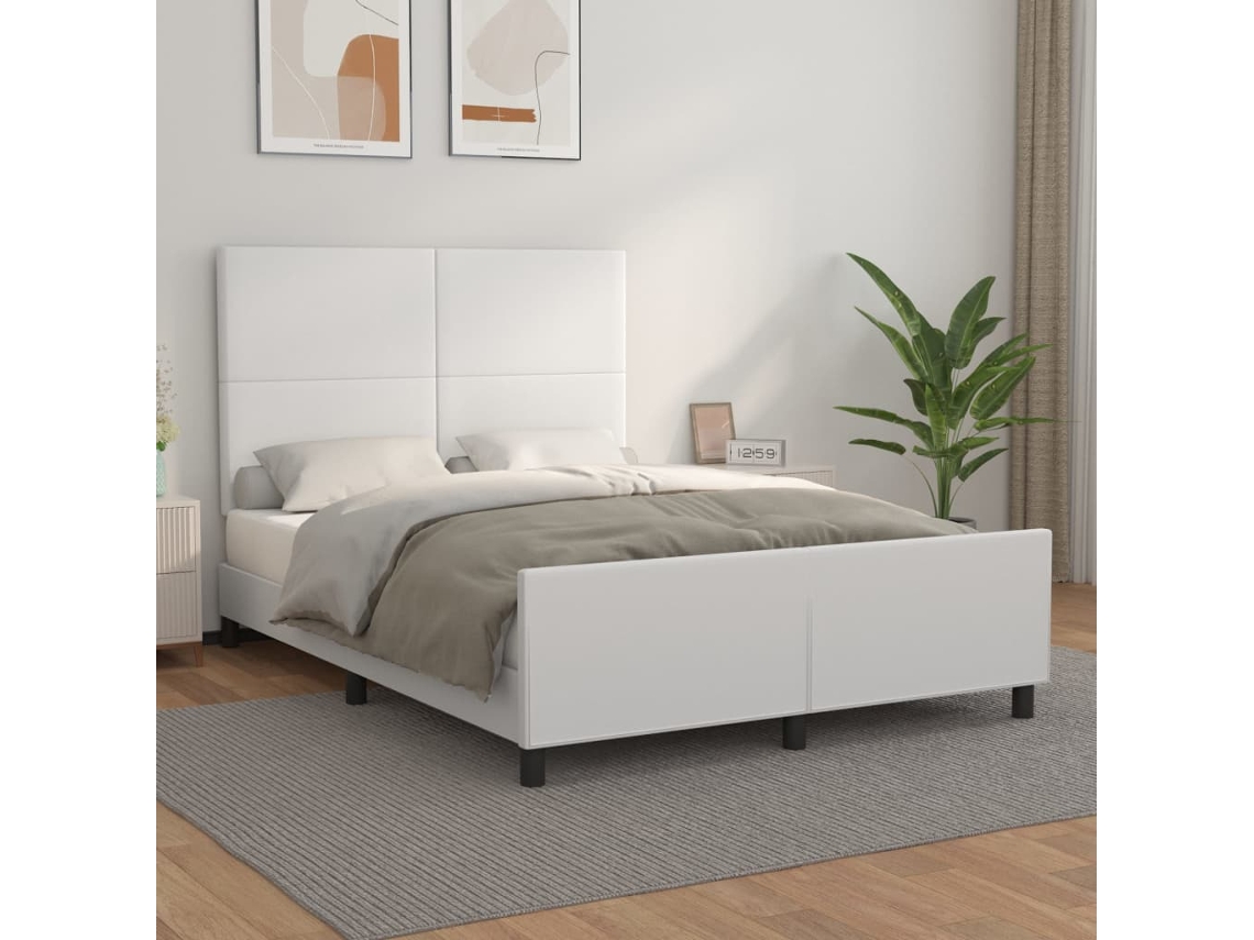 Estrutura Cama C/ Cabeceira Couro Artificial 140x190 Cm Branco