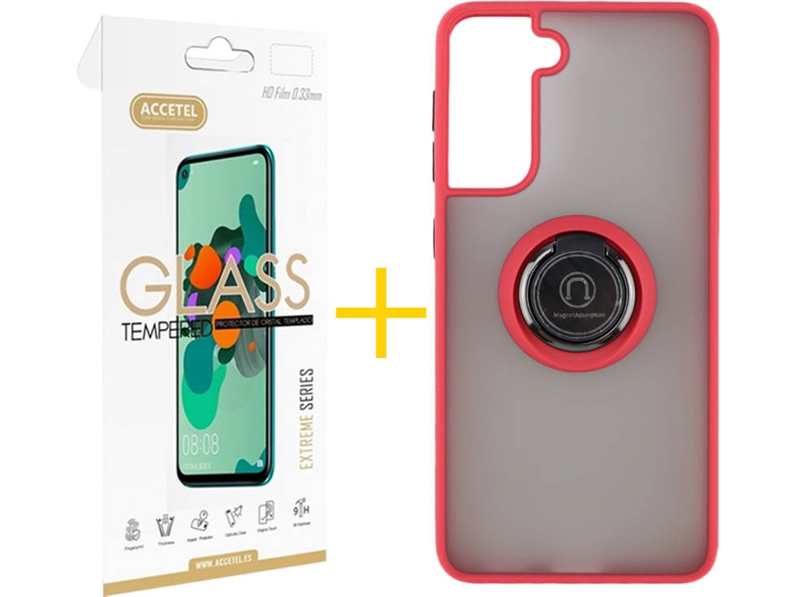 Capa e Película de Vidro Samsung S21 ACCETEL Gel Bumper Ring Vermelho