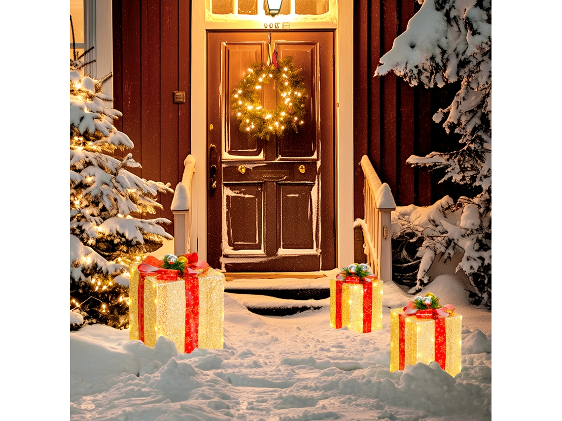 Caixas De Presente De Natal Luminosas Com Laço, 58 Luzes, Conjunto De 3 Caixas Led, Dourado