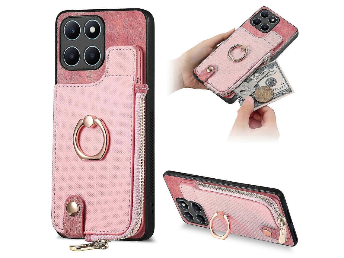 For Honor X6apink26-27 Cross Leather Ring Vertical Zipper Wallet Back Phone Case