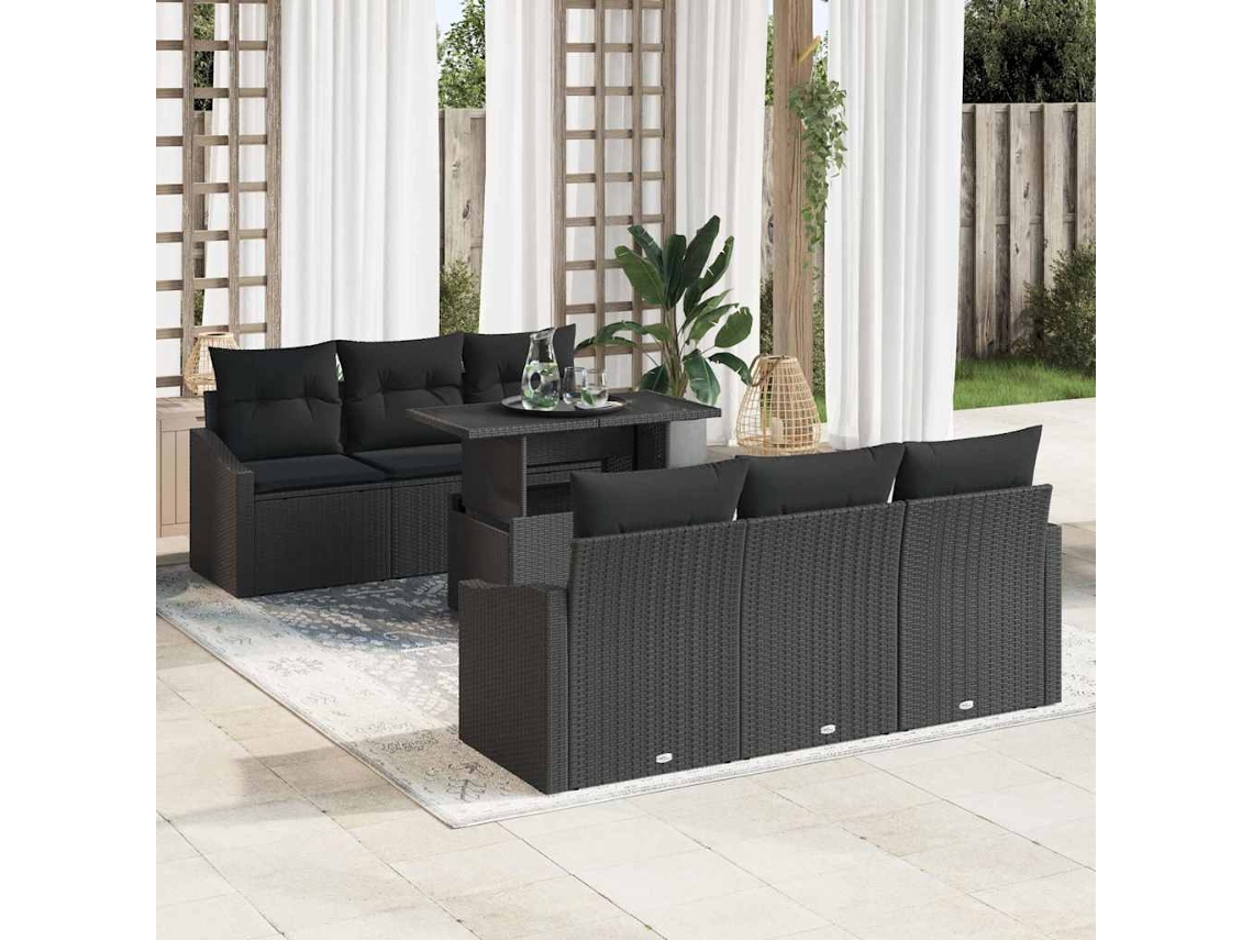 Vidaxl Conjunto De Sofá De Jardim Com Travesseiro 7 Pcs Preto Vime Pe