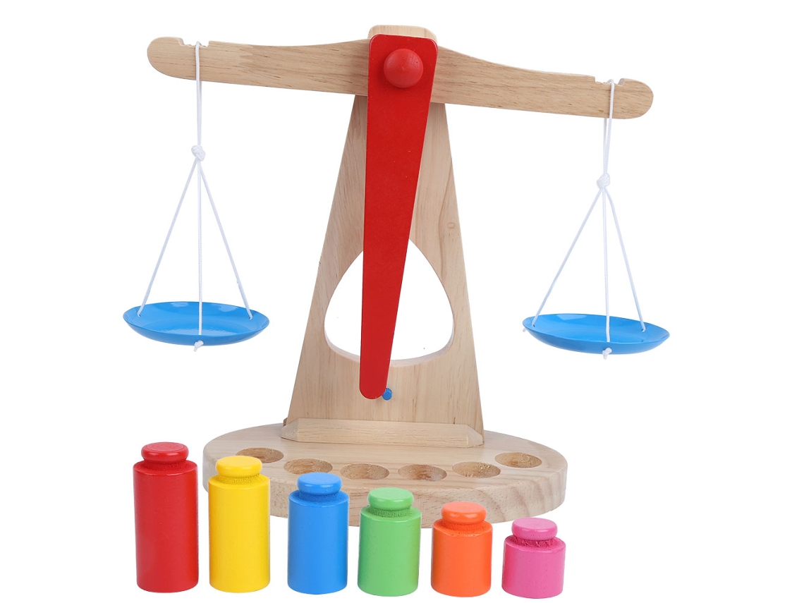 Balança De Madeira Para Crianças Brinquedo Educativo Matemática Com Pesos Coloridos