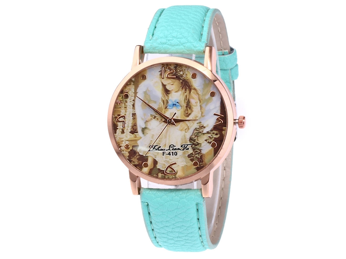 Relógio de quartzo unissex com pulseira de couro PU, estampa de anjo pequeno (verde menta)
