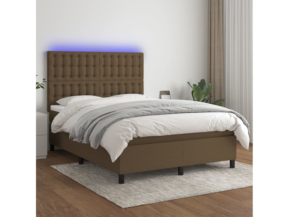 Vidaxl Cama Box Spring C/ Colchão/led 140x190cm Tecido Castanho-escuro