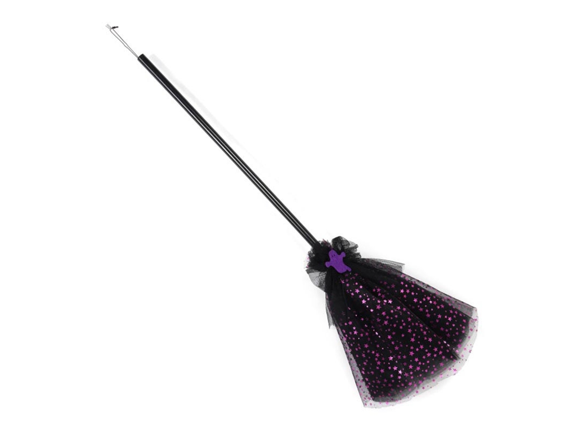 Vassoura de bruxa roxa com tule de 90 cm