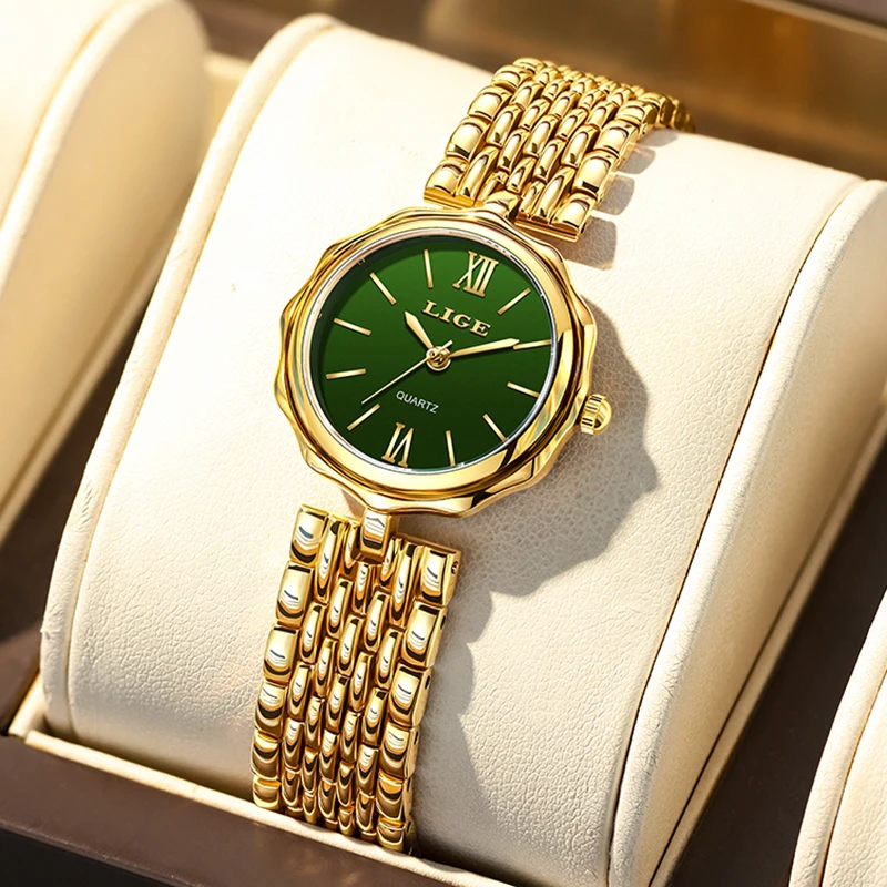 Relógio De Pulso (dourado E Verde), Elegante Relógio De Quartzo À Prova D'água, Pulseira Redonda De Aço Inoxidável.