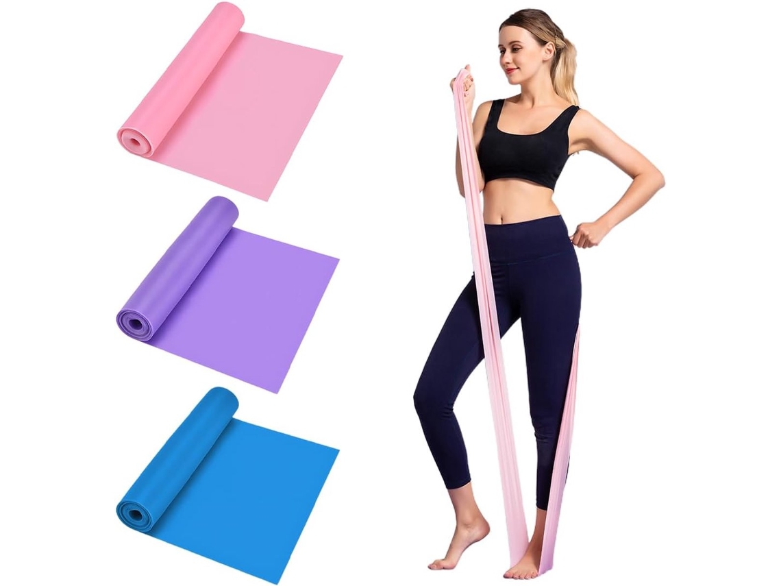 Conjunto de Faixas Elásticas de Resistência AQUAFORGE com 3 Peças 5 M Silicone para Ioga, Pilates, Reabilitação e Academia