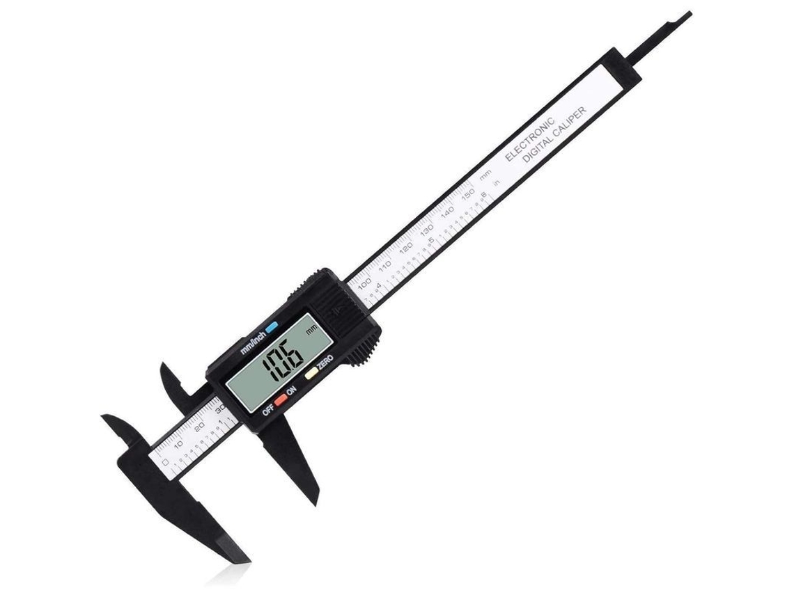 Paquímetro digital Vernier de plástico, 0-150 mm, com 4 modos de medição, visor LCD, precisão de ±0,2 mm.