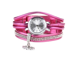 Relógio de Pulso Feminino Fashion com Pulseira de Couro Pu e Strass Rosa