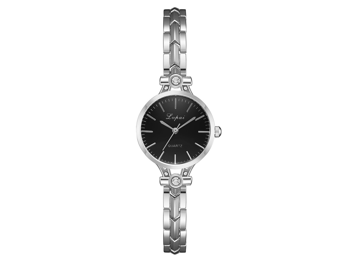 Relógio de Pulso Feminino Casual de Quartzo com Pulseira de Liga Prata Preta