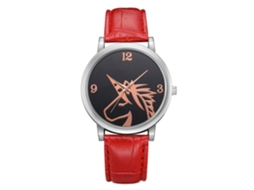 Relógio feminino casual e elegante com pulseira de PU vermelha.