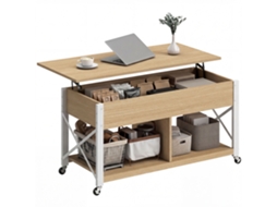 Mesa De Centro Elevatória Com Rodas Compartimento Oculto E Prateleiras Abertas 105x50x67 Cm Madeira E Branco