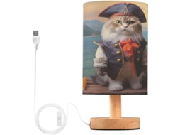 Luminária De Cabeceira Led Em Formato Gato Pirata Para Quarto, Luminária De Leitura Com Cúpula Tecido, Base De Madeira E