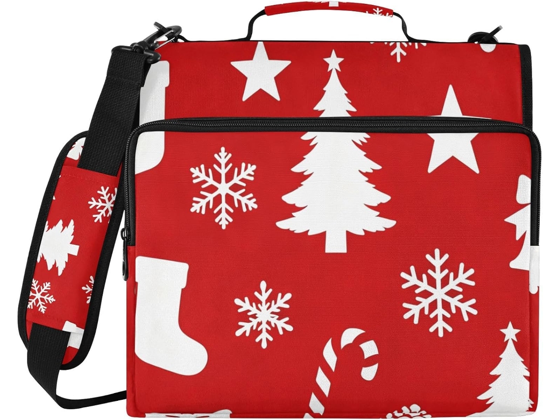 Pasta organizadora natalina vermelha com 3 argolas, 8 cm de altura e diversos bolsos com zíper, ideal para mesa e escola.