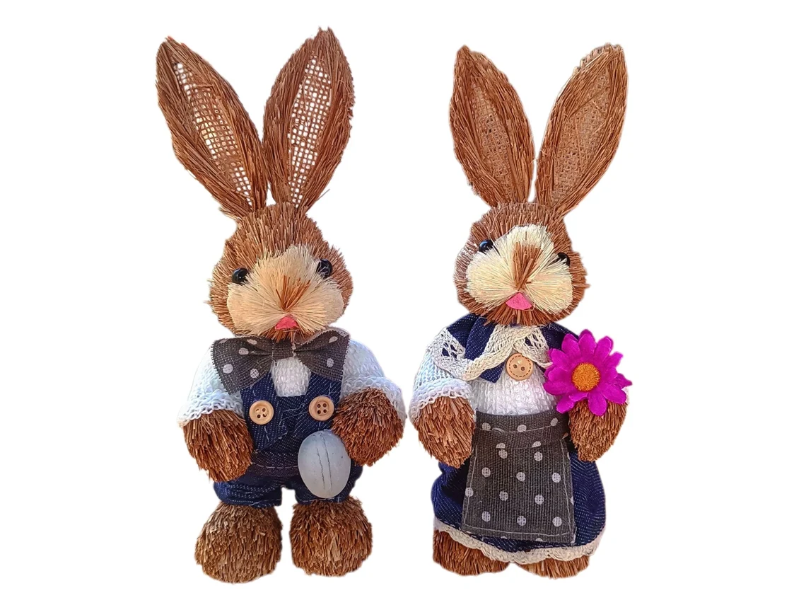 2pcs Figurinas de Coelho de Palha Artesanais Cute Casal Adorno Páscoa Decoração Casa 23cm | S/MARCA