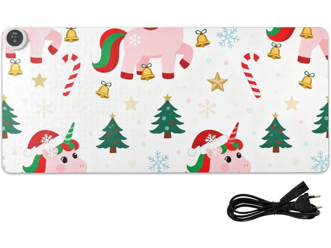 Mousepad Aquecido e Antiderrapante em Couro com Estampa de Unicórnio Rosa, Feliz Natal, 80 X 33 Cm