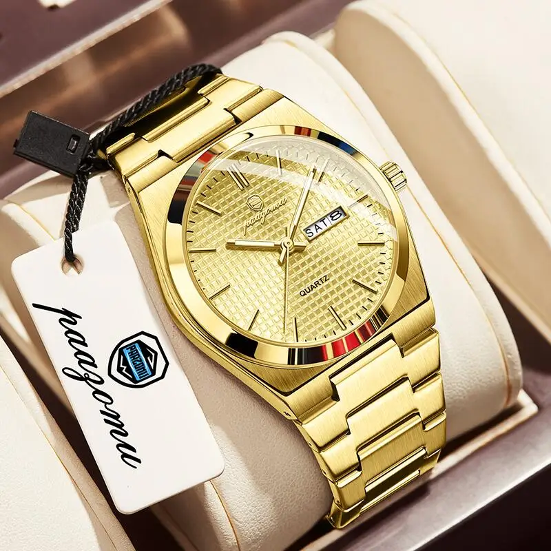 Relógio De Luxo (dourado) Com Mecanismo De Quartzo, Resistente À Água E Com Data Luminosa.