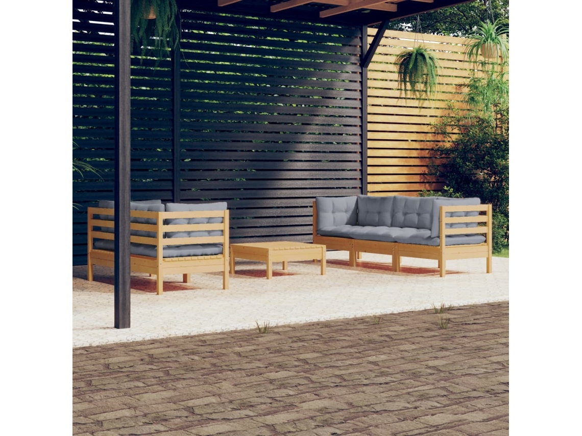 Vidaxl 6 Pcs Conjunto Lounge De Jardim C/ Almofadões Cinzentos Pinho