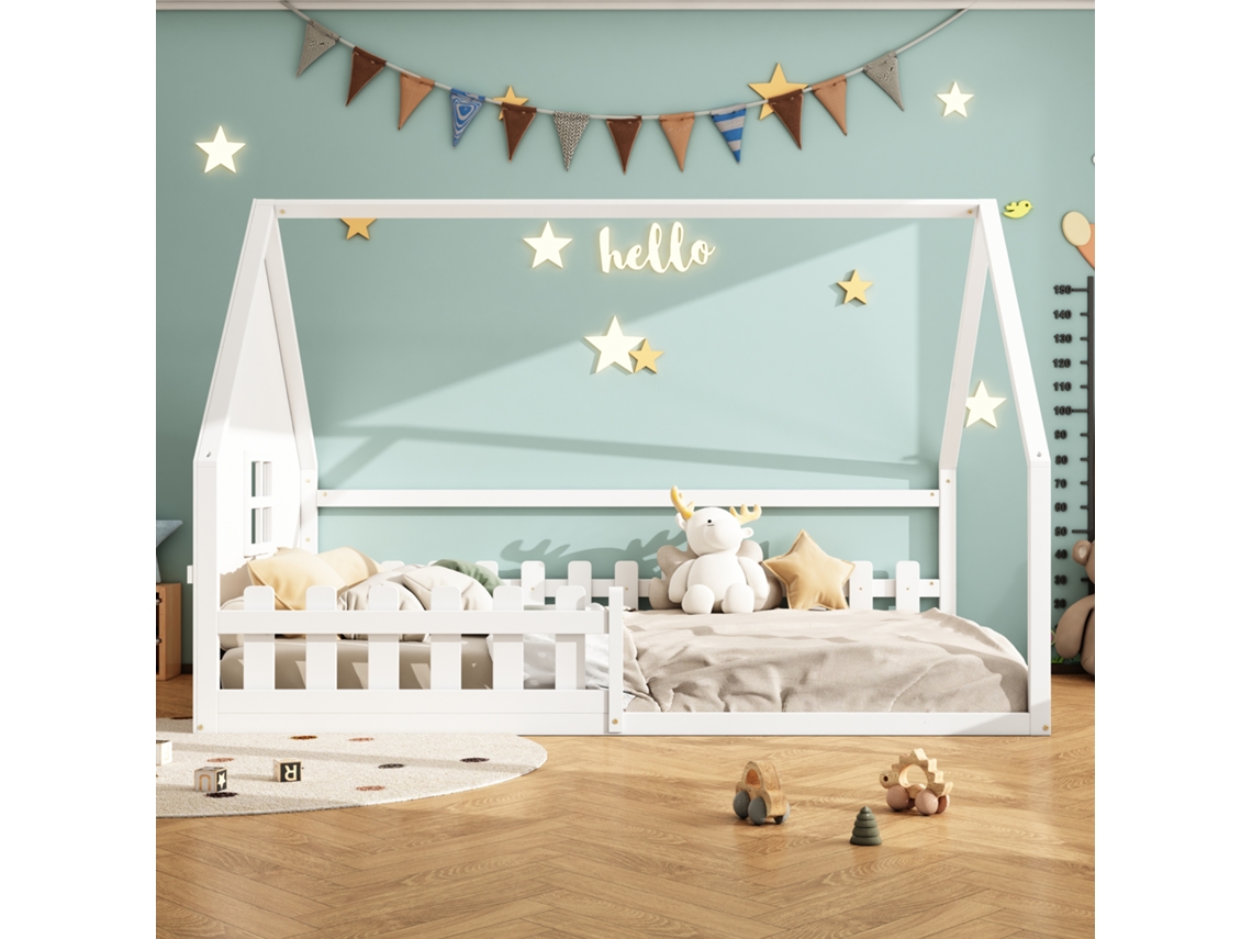 Cama Infantil Casal 140x200 Cm Com Guarda-corpo Madeira Pinheiro Branca
